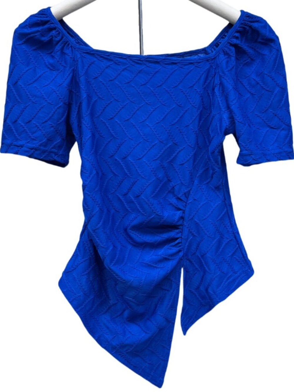 New Textured Asymmetrical Short Sleeve Blue Top Summer Blouse Square Neck